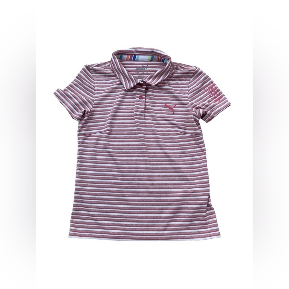 Puma Size Medium Links Striped Golf Polo in Rapture Rose with TPC Sawgrass Logo